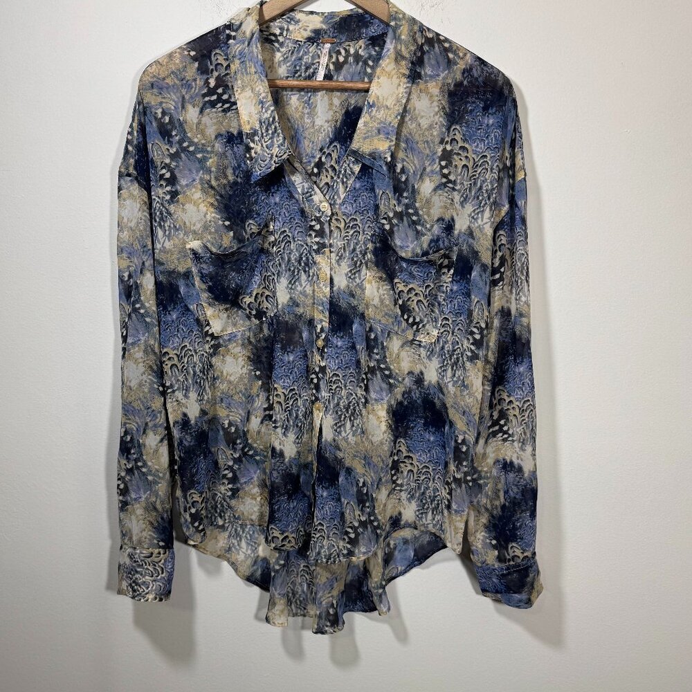 Free People Easy Rider Blouse Button Up Sheer Chiffon Top Shirt Size M - Picture 3 of 8
